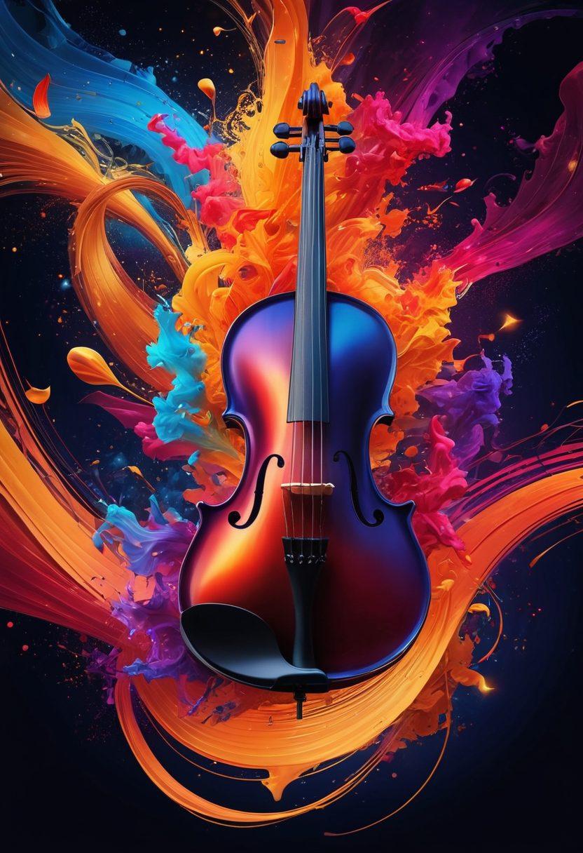 A mesmerizing blend of iron musical instruments merging into vibrant sound waves, surrounded by a backdrop of harmoniously intertwining colors that symbolize joy and satisfaction. The scene captures the transformation from cold metal to warm melodies, with an ethereal glow highlighting the fusion of sound. Enveloping the image are musical notes cascading through the air, creating a sense of movement and bliss. super-realistic. vibrant colors. abstract background.