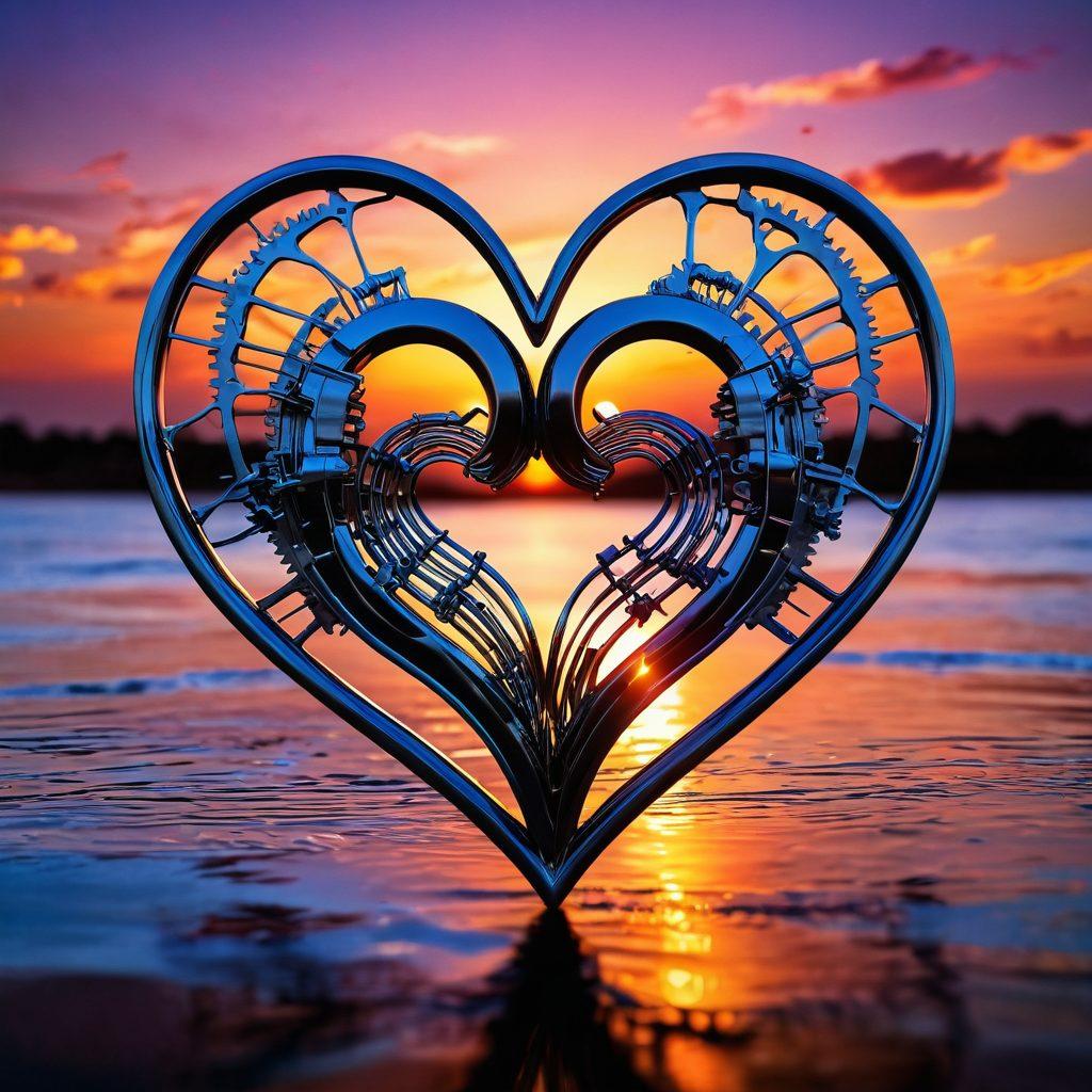 A visually striking scene depicting a metallic heart intertwined with delicate musical notes, symbolizing the fusion of metal and emotion. The background features a vibrant sunset, casting warm light over a serene landscape, while bursts of colorful sound waves ripple through the air. Include elements like gears and strings to enhance the theme of harmony in crafting music. surrealistic. vibrant colors. high contrast.