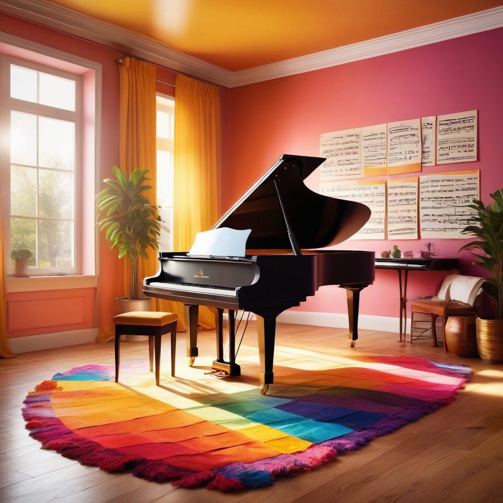 A vibrant studio filled with musical instruments, where a composer is passionately crafting melodies. Notes are swirling in the air, radiating bright colors symbolizing happiness and rhythm. An elegant grand piano is at the center, surrounded by vibrant sheet music and rhythmic notes dancing around. Soft sunlight bathes the scene, creating a warm and inviting atmosphere. The overall mood is joyful and inspiring. super-realistic. vibrant colors. warm lighting.